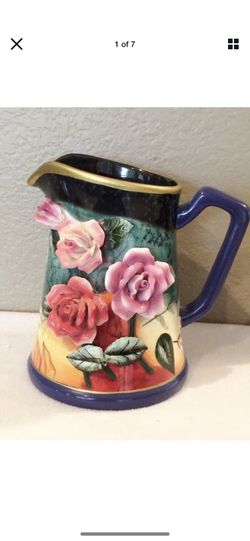 Beautiful 3D Roses Cobalt Blue with Gold Trim Decorator Pitcher Reproduction