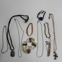 Vintage Jewelry Lot Necklaces Bracelets Cross Rhinestone Mixed Costume