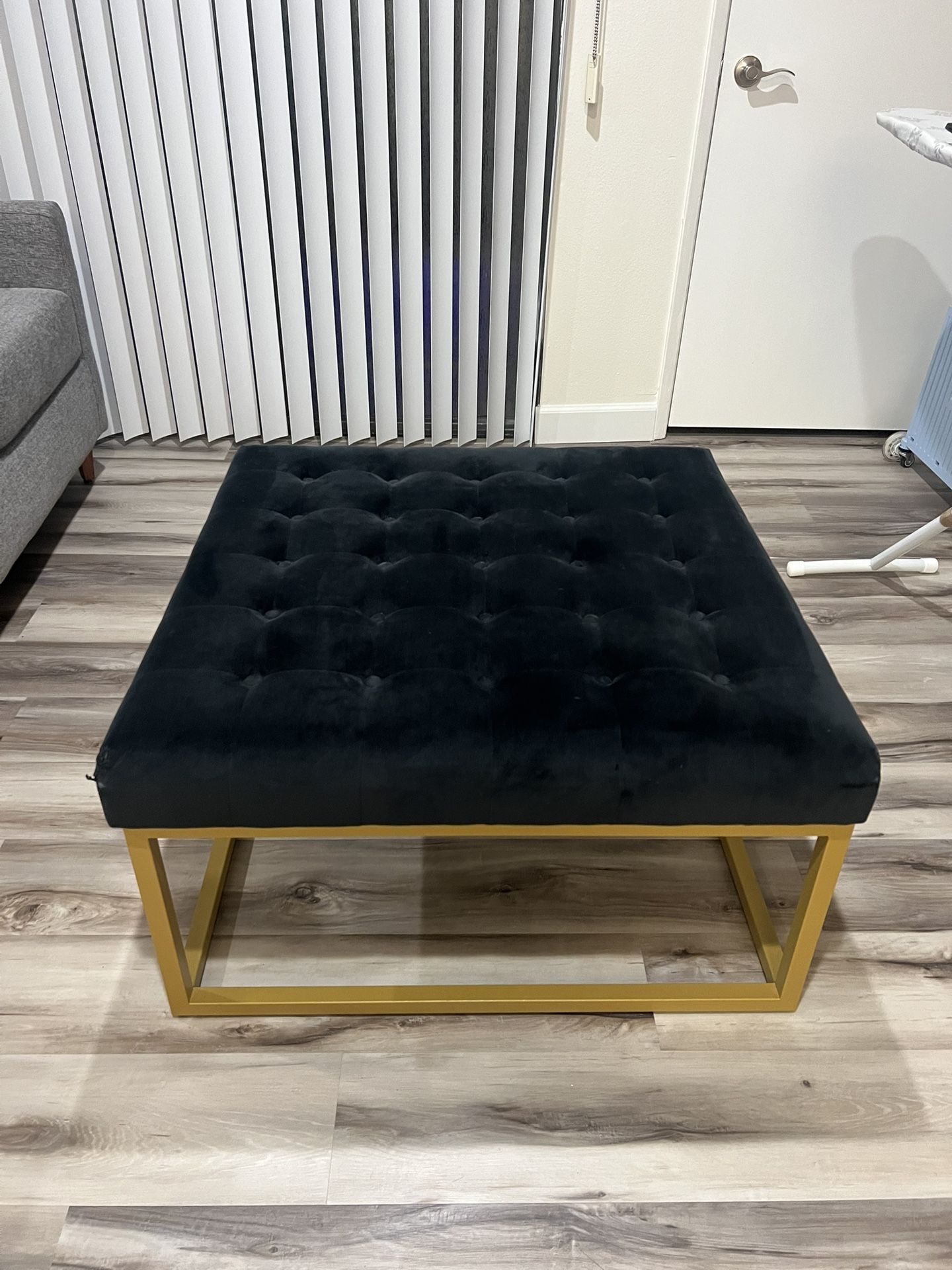 Tufted Black Velvet Ottoman With Gold Metal Base FOR SALE - Pickup Only