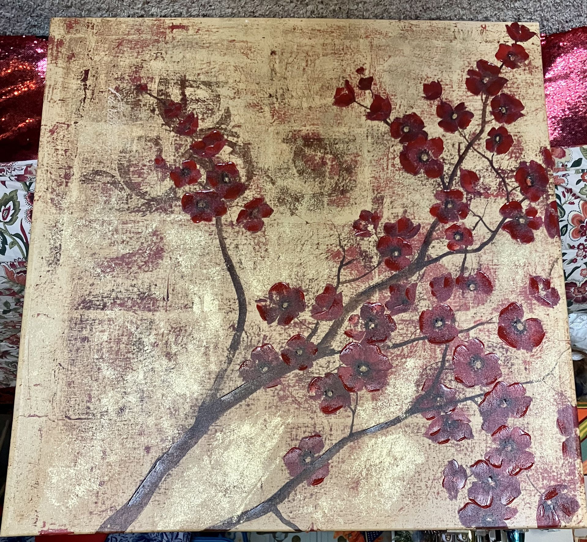 FABRICE DE VILLENEUVE PAINTING With CERTIFICATE AUTHENTICITY 39.5" x 39.5" GOLD METALLIC RED FLOWERS FLORAL HOME DECOR‼️ Price Is FIRM ‼️
