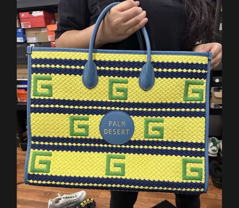 Gucci Orange Blue Green Square G Embroidered Woven Striped Mykonos Tote Bag