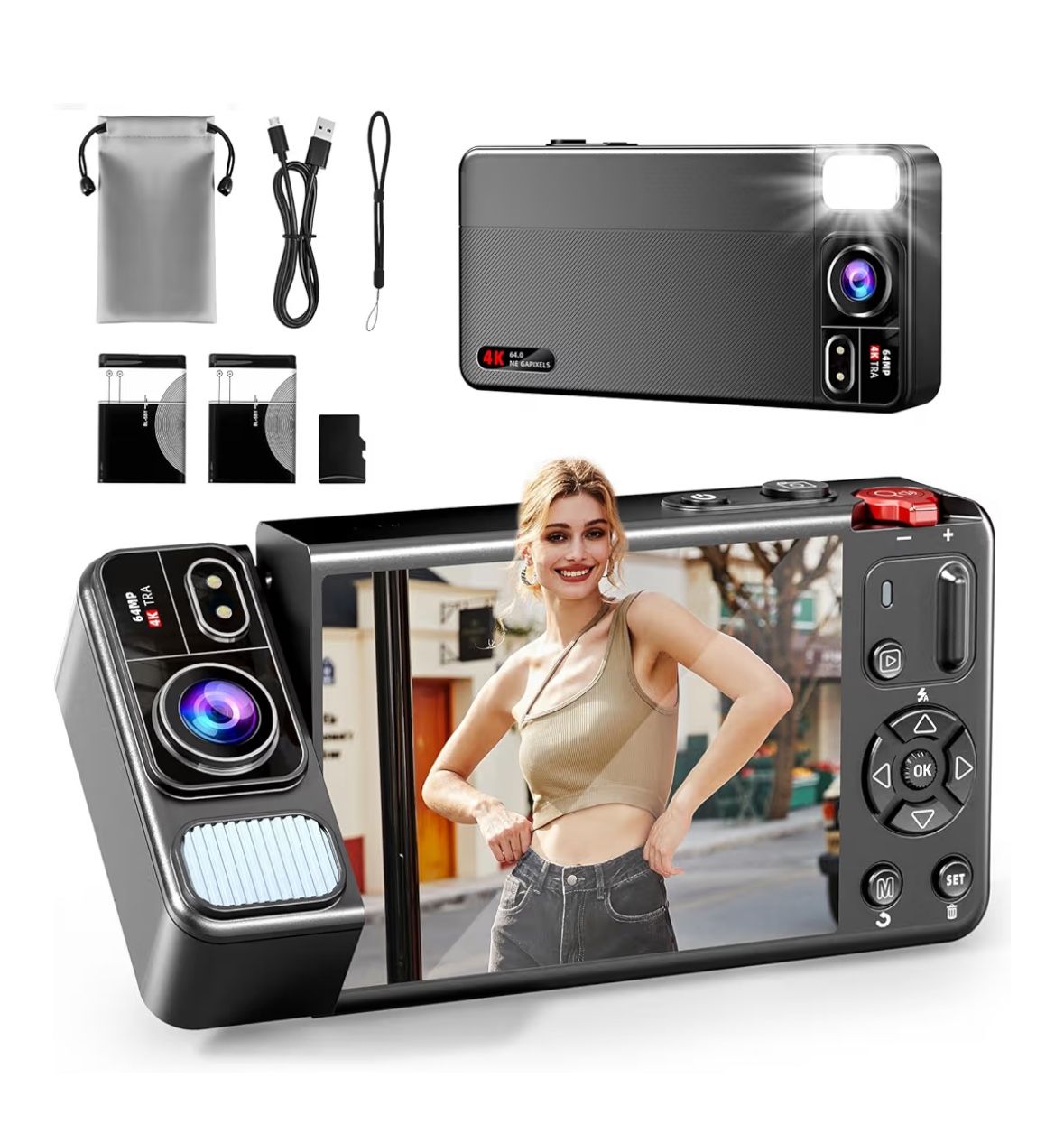 Digital Camera, 4K 64MP Cameras for Photography, 270°Flip Screen Vlogging Camera, Autofocus, Flash, 18X Zoom, 2 Batteries, 64GB Card, Point and Shoot