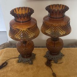Two Vintage Electric Hobnail Amber Lamps