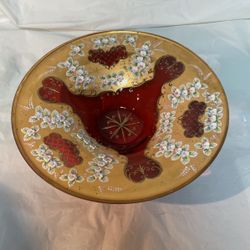 12” Bohemian Crystal Flowers Gold Red  Bowl 