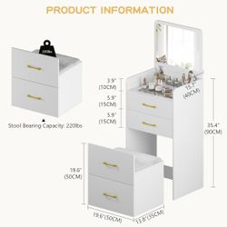 Compact Vanity Desk with Flip Mirror & Stool