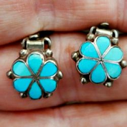 Vintage Sterling Silver Turquoise Inlay Earrings Clip Ons