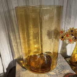 Large  AMBER RIBBED DESIGN CYLINDER VASE MCM 