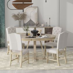 Bosten 5 Pieces 42"-58" Extendable Round Dining Table Set with 4 Upholstered Chairs, Natural