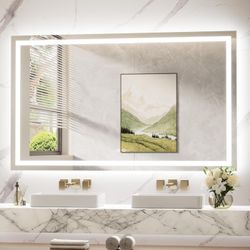 LED Bathroom Mirror – 60"x32", Front-Lit, 3 Color, Dimmable with Touch Control For 60" - 72" Vanity