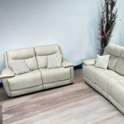 *LIKE NEW* Messina Cream Leather Power Reclining Set W/ Power Headrest | 🚛DELIVERY AVAILABLE 