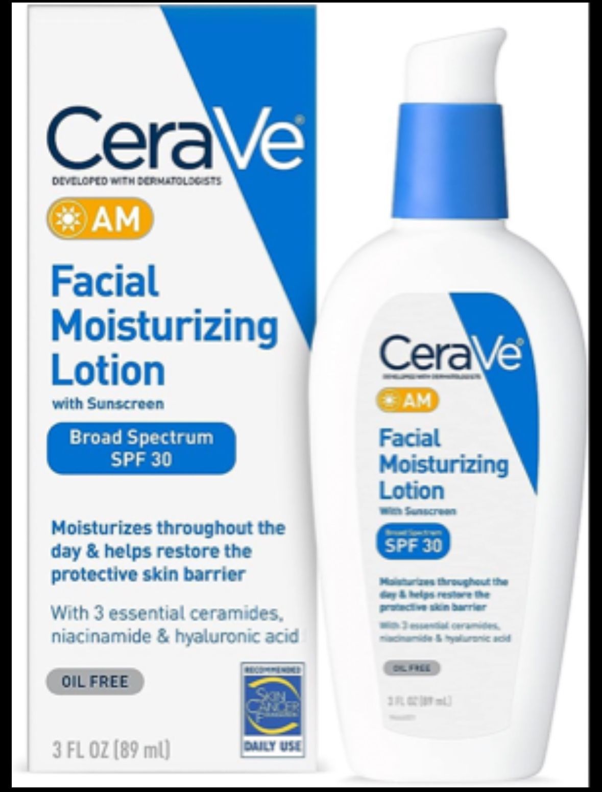 CeraVe AM Facial Moisturizing Lotion with SPF 30 | Oil-Free Face Moisturizer with SPF | Formulated with Hyaluronic Acid, Niacinamide & Ceramides | Non