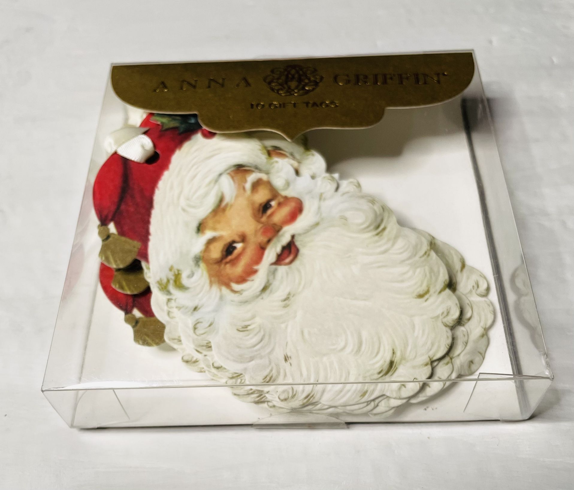 Anna Griffin Christmas Gift Tags w/ Satin Ribbon Santa Head 10 pieces