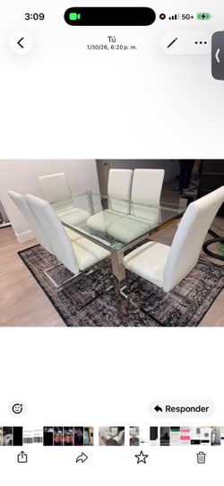 Glass dining table with 6 white chairs