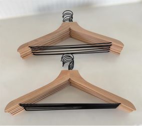 Set of 12 Natural Wood Hangers with Black Metal Accents