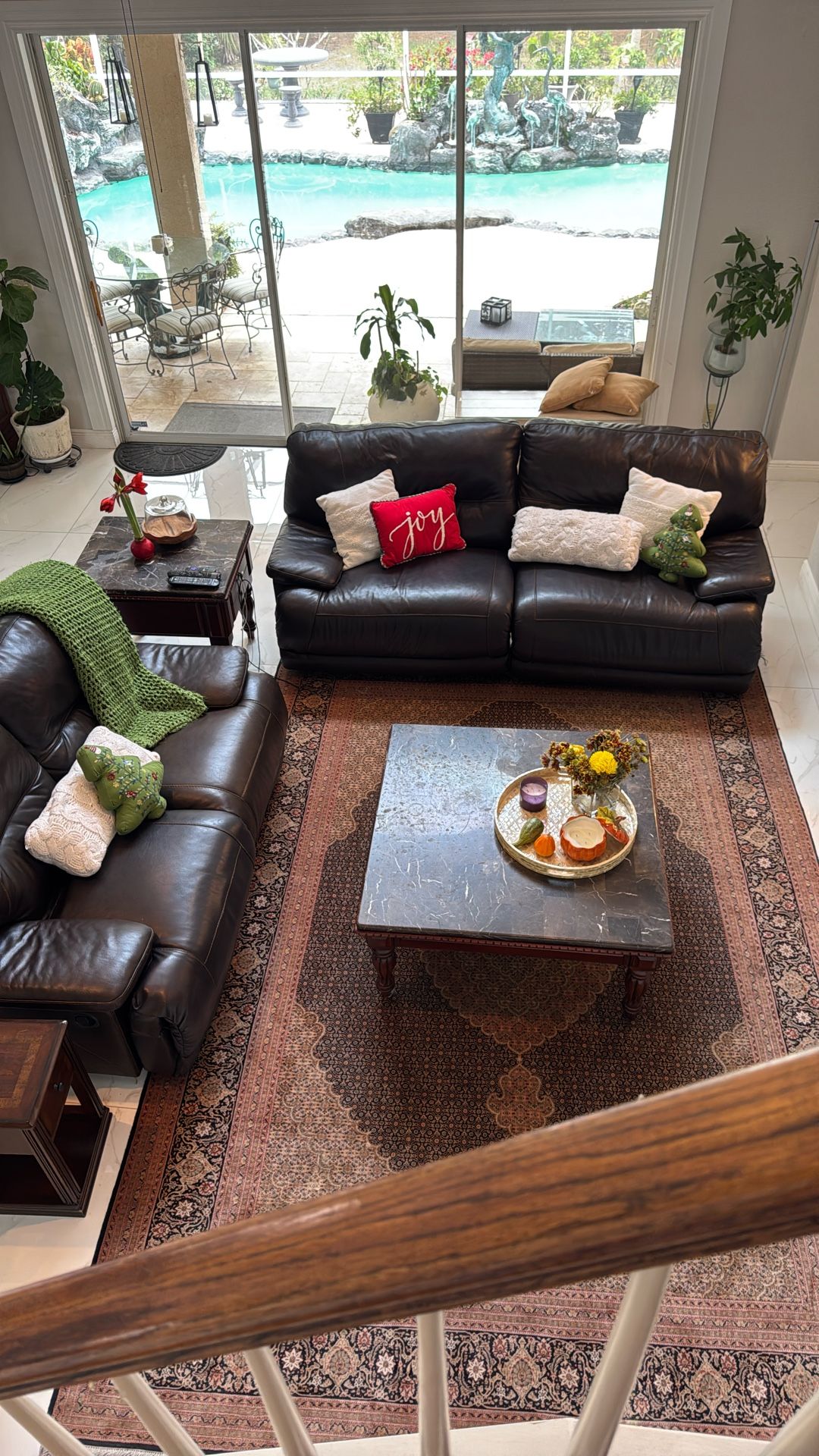 Set of 5 – Genuine Leather Reclining Sofa + Loveseat + Matching Tables