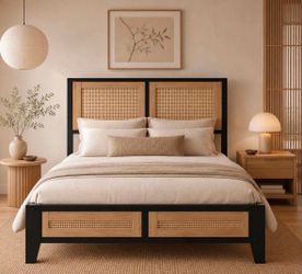 🔥 NEW Full Size Rattan Bed Frame, modern boho Style, japandi style full size bed M3