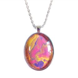 Multicolored acrylic paint skin oval pendant on 20" sterling silver necklace new