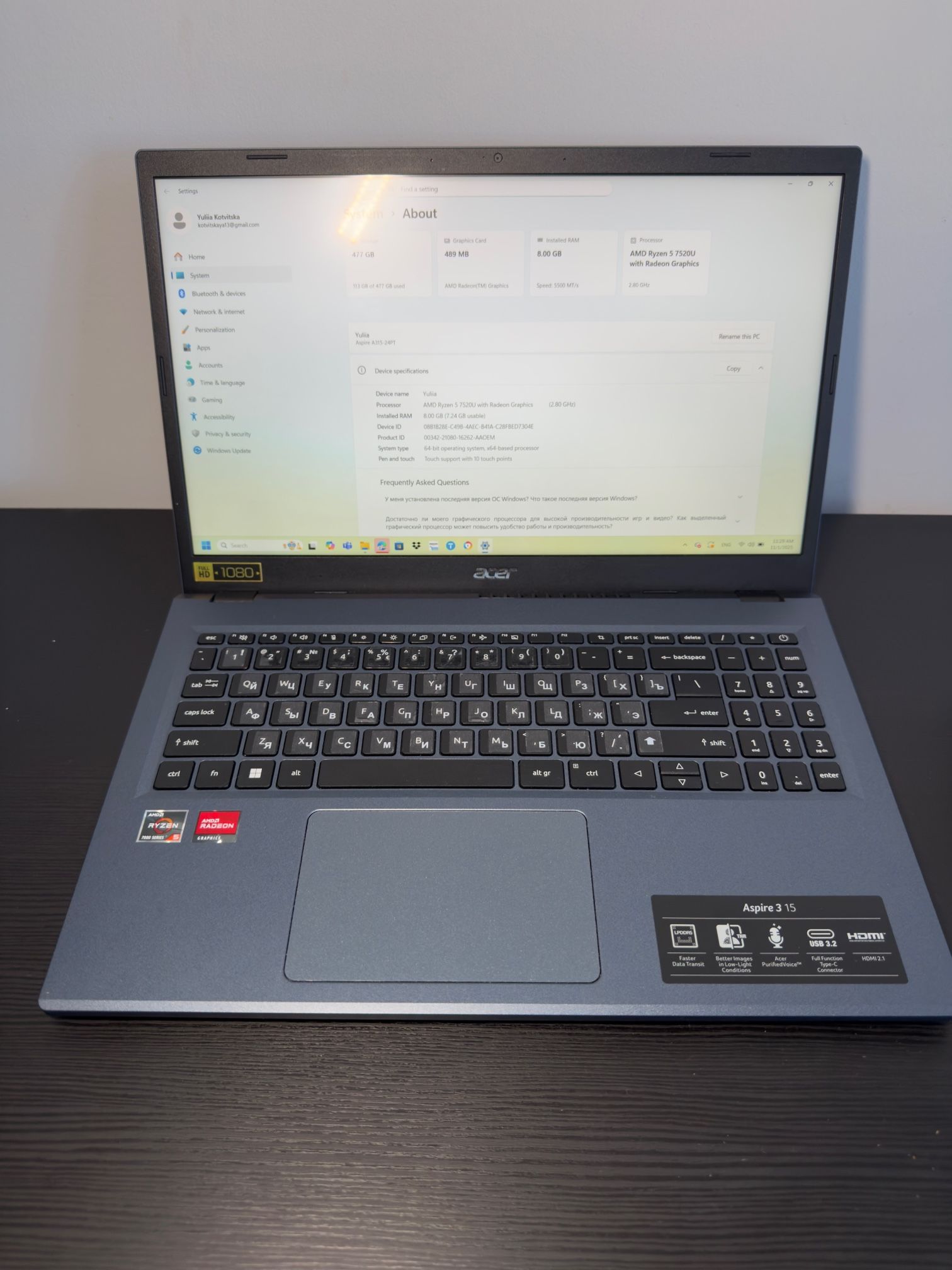 Acer Aspire 3 A315-24PT-R9QZ 15.6” Ryzen 5 7520U 8GB RAM 512GB SSD Laptop Blue