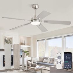 52" Ceiling Fans with Lights, Nickel Modern Ceiling Fan with Remote & App Control, Bedroom Indoor Ceiling Fan with Dual Finish Blades, Quiet & Strong 