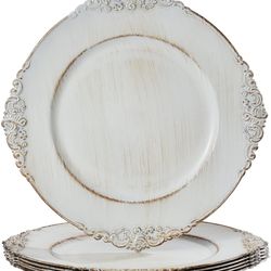 MAONAME Antique White Charger Plates, Round Antique Plate Chargers for Dinner Plate, 13" Plastic Charger for Plates, Wedding Table Setting, Set of 6