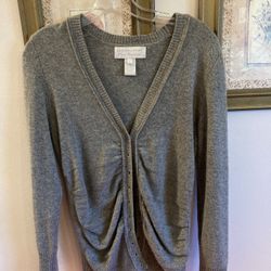 Sz LARGE Gray Cashmere Cardigan Sweater Ruched V-neck - Design History