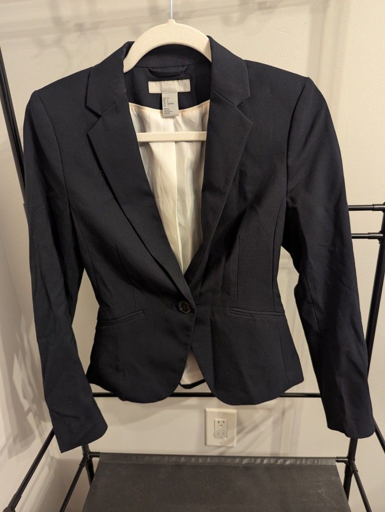 H&M Blazer Navy Blue Fitted Work Formal