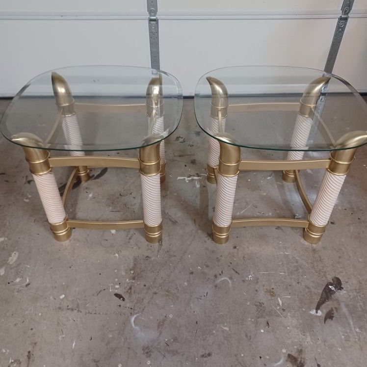 2 MCM Ivory & Gold Faux Tusk Horn Glass Top Tables