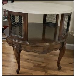 Antique Round Wood Marble Top 2 Tier Accent Table