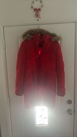 Red Puffer Jacket with Faux Fur Hood