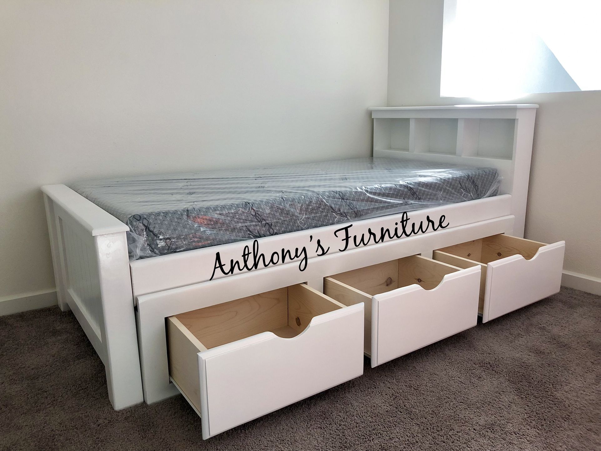 White Twin Bed With Storage And Mattress