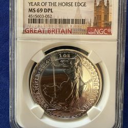 2014 1oz NGC MS69 DPL BRITANNIA YEAR OF THE HORSE EDGE SILVER COIN 