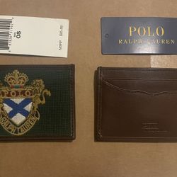 Polo Ralph Lauren Card Holder Wallet Size OS Brown Leather And Green Fabric With A Stitching Logo 
