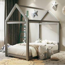 House Bed, Floor Bed with Wood Slats, No Box Spring Needed,Twin Size, Grey