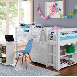 Naomi Home Twin Size Loft Bed with Storage, Desk, Cabinet Ladder, Low Study Pine Wood for Kids, Safety Guard Rails, Bookcase Shelf, White