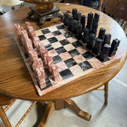 Hand Carved Vintage Chess Set Mexican Aztec Onyx Marble 32 pieces 16in square