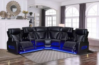 Sectional L Shape Power Recliner Black Faux leather, LED Light bottom, New Especial price