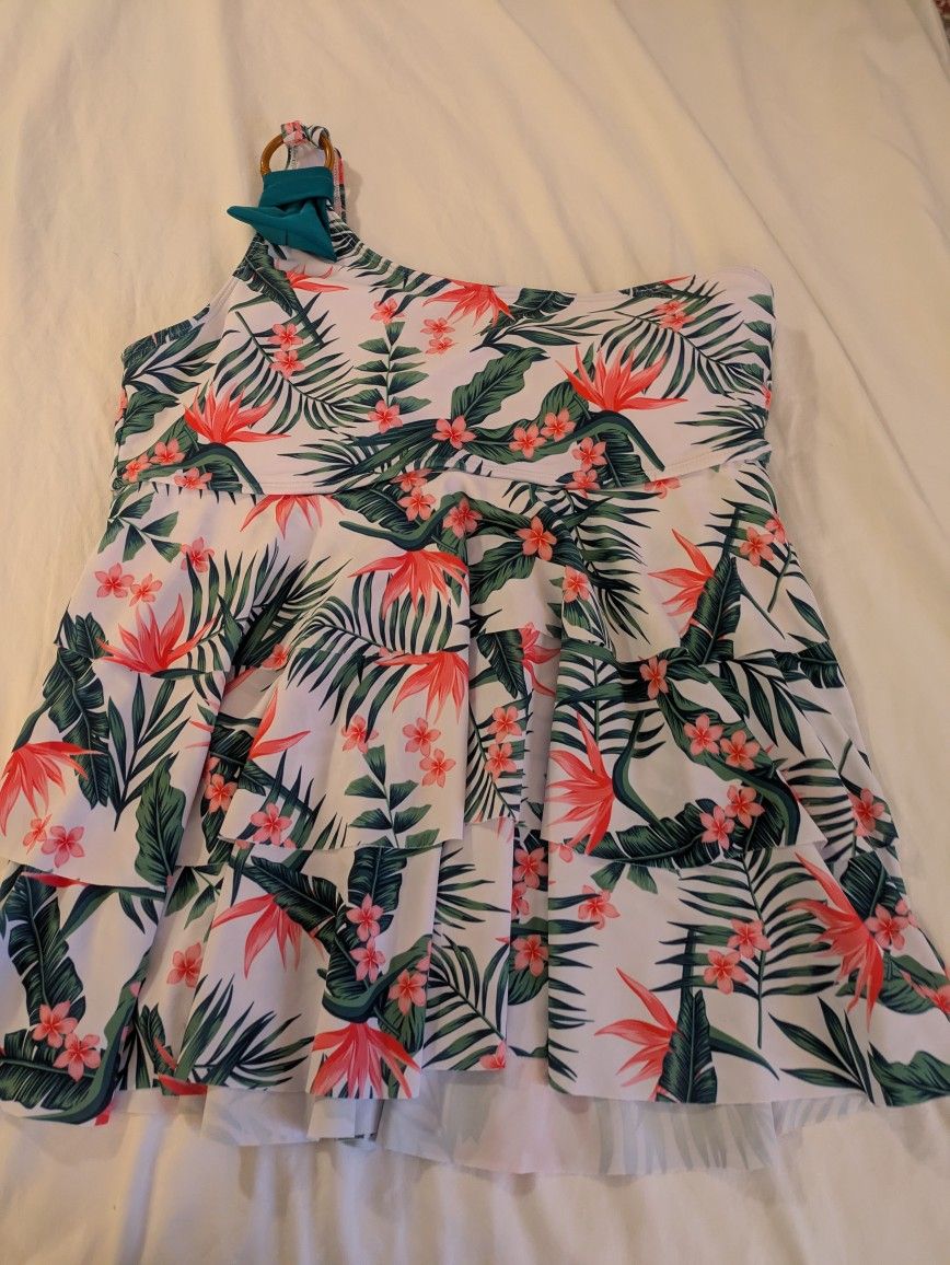 Tropical Print One Shoulder Swim Top