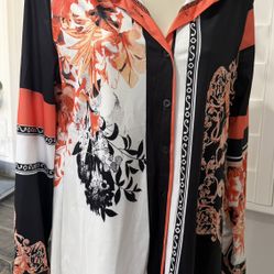 New: Buchona Women’s Button Up Blouse Large Baroque Print Tunic Length Mixed Floral