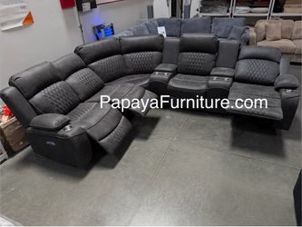 NEW POWER Reclining Sectional Couch Set Storage Console Cup holder Wireless Charging Curved Recliner Sofa Ashley Style Glam Charcoal Black BIG SALE