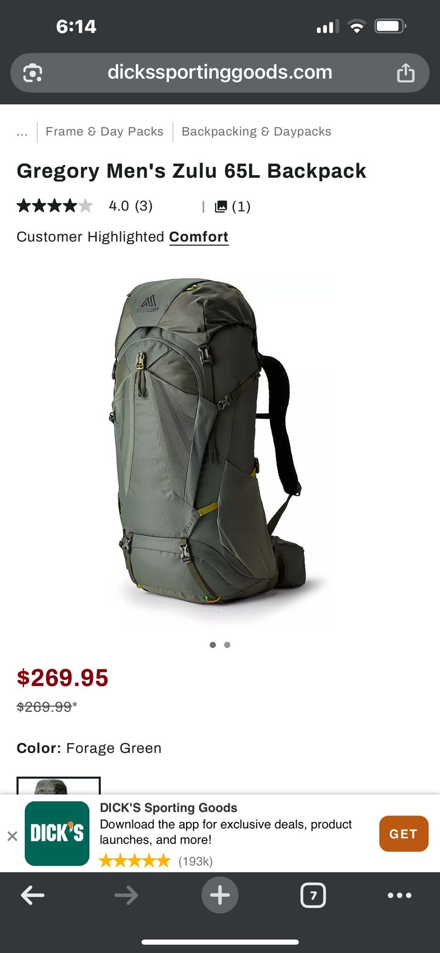 Gregory Men’s Zulu 65L Hiking Camping Backpack