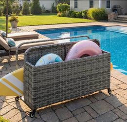 Wicker Pool Float Storage Organizer, Rattan Outdoor Float Holder Poolside Storage Basket Caddy Cart
