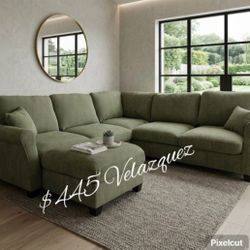 
✅️"4 pc sage green corduroy fabric sectional sofa with rounded arms and ottoman"✅️✅️