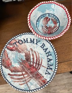 Tommy Bahama Light Blue and Red Lobster Dinner Plates and Bowls