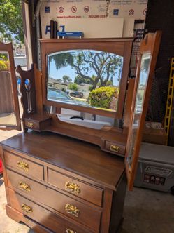 Antique Wood Dresser with Triple Mirror