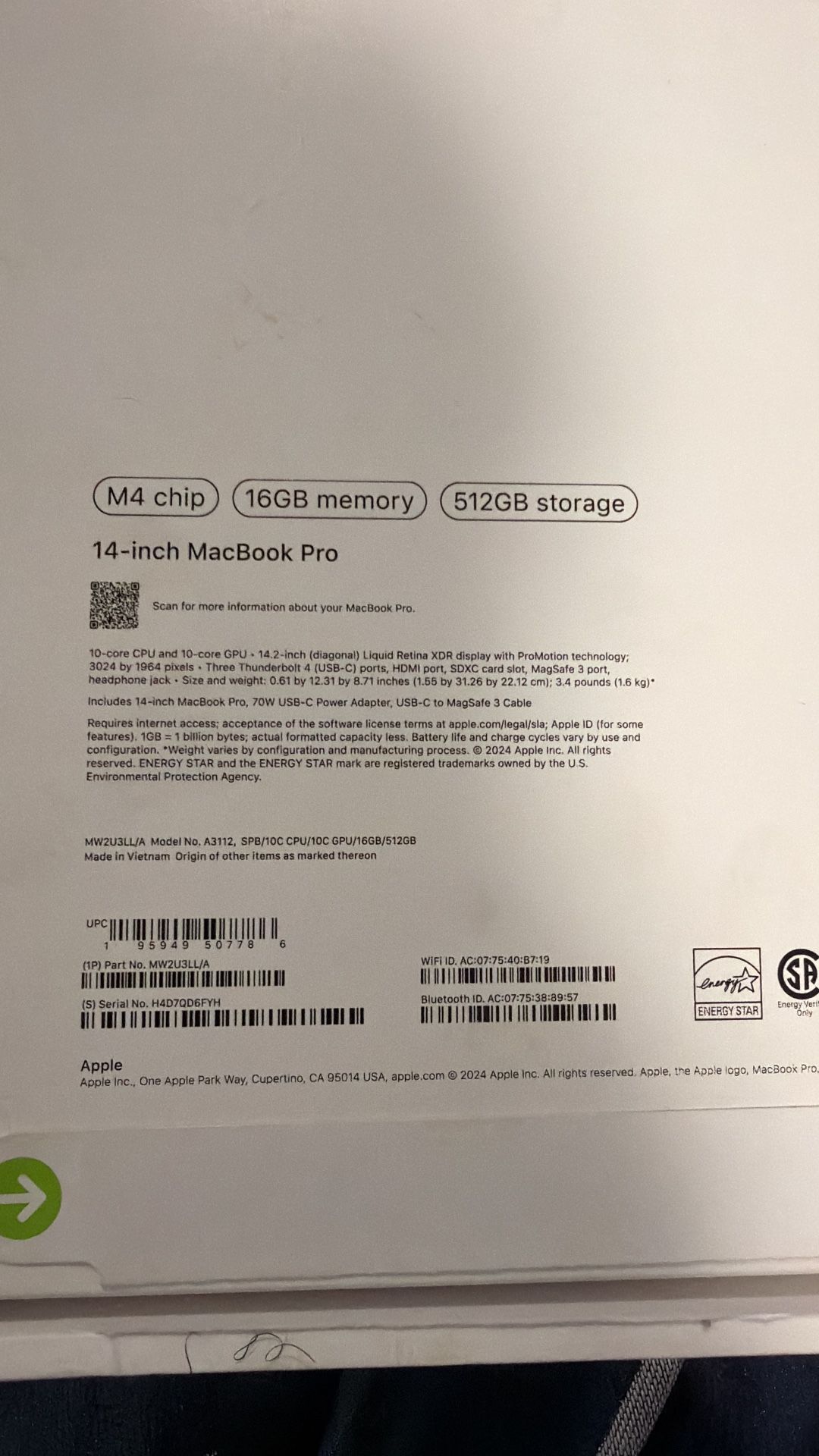 MacBook Pro 14inch M4 16gig 512