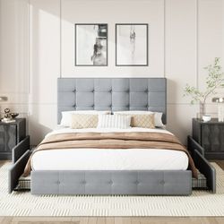 Queen Size Platform Bed Frame with Square-stitched Headboard and 4 Drawers, Light Gray