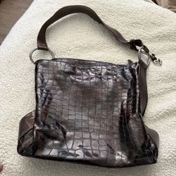 BRIGHTON Bronze Patent Leather Croc Embossed Shoulder Bag Purse w Bag Charm