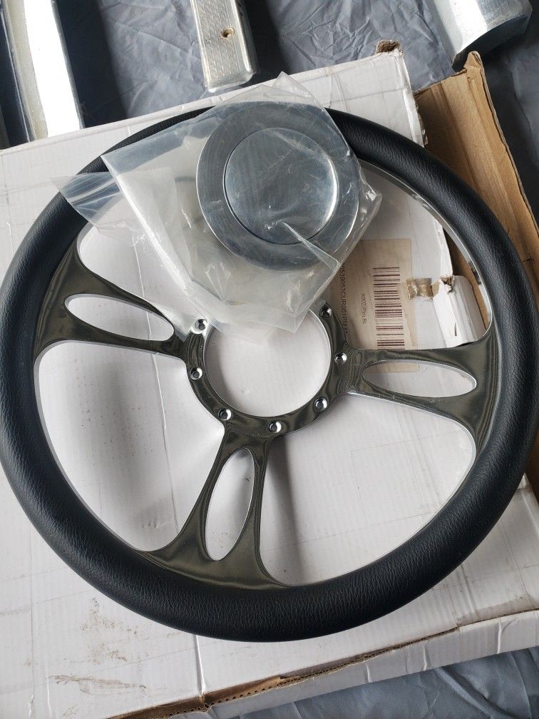 Chevy Bullet Steering Wheel Chrome And Black 9 Holes With Horn Ring New