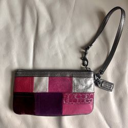 Coach Pink and Silver Patchwork Signature Canvas Leather Suede Clutch Wristlet