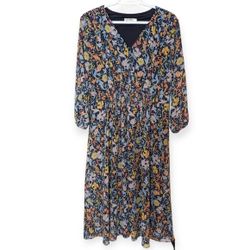 Christopher&Banks Floral Midi Navy Yellow Orange Button Detail Dress Woman